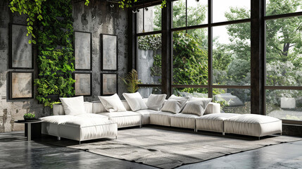Elegant living room with lush greenery, modern furniture, and large windows.