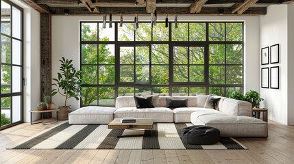 Fototapeta premium Industrial loft-style living room with exposed brick walls, modern furniture, and large windows.