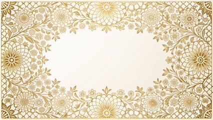 Sophisticated golden frame design with intricate floral patterns, delicate lace, and soft white background for luxurious wedding stationery.