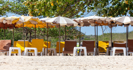 Sun loungers with umbrellas on the sandy beach