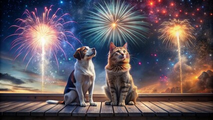 Adorable cat and dog duo sit together on a porch, gazing up at vibrant fireworks on a starry winter night sky.