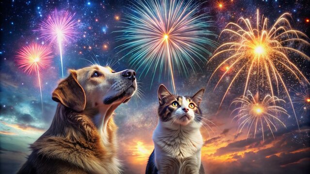 Two adorable animals, a curious cat and excited dog, gaze upwards at vibrant fireworks on a magical winter night sky.