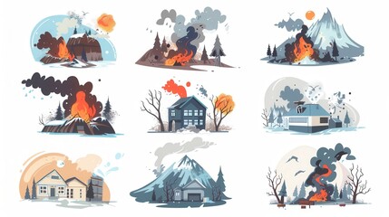 Obraz premium Nine cartoon illustrations of natural disasters - forest fires, hurricanes, earthquakes, blizzards - show their impact on landscapes and homes. Generative AI