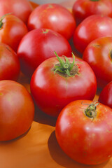  freshly picked organic tomatoes, vertical food background 