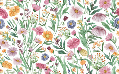 Watercolor wildflowers pattern in soft pastel hues