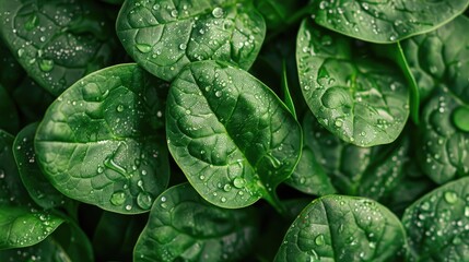 Close-up of fresh, dewy spinach leaves in a bunch