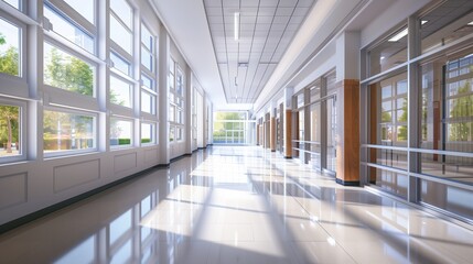 Expansive high school corridor bathed in natural light with a minimalist design.