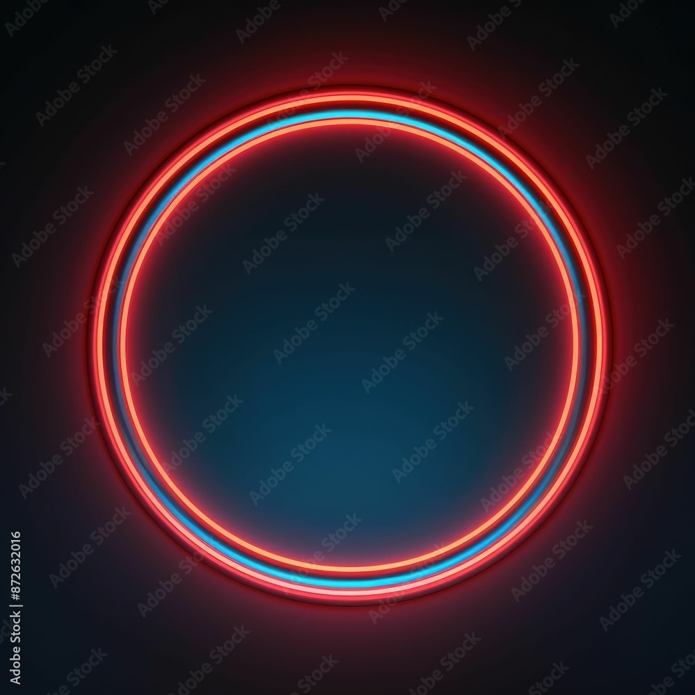 Poster circular neon light rings on dark background with reflective surface. contemporary design for vibran