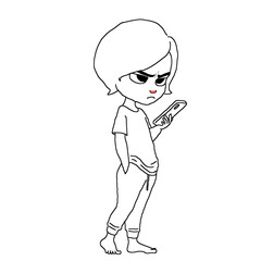 The character looks into her cellphone