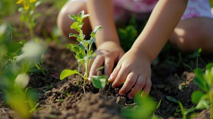 Fototapeta premium Close-up of children hands planting a tree in the soil, Planting young tree by kid hand on back soil as care and save wold 