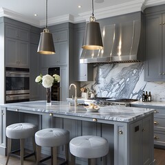 Contemporary Kitchen with Grey Cabinets and Marble Countertops