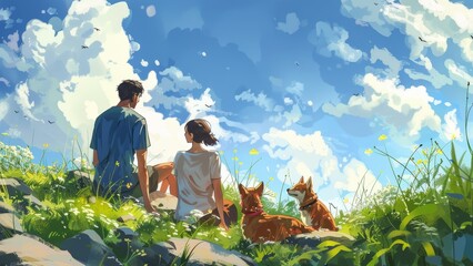 Fototapeta premium Happy family with dog in nature, Digital painting, Anime style.