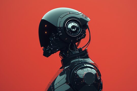 Creative black robot head logo on a red background
