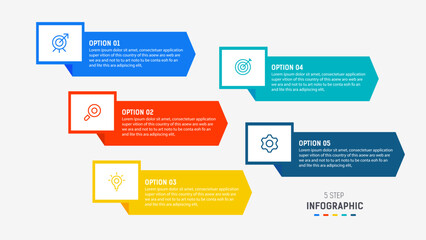 Five Step Infographic design element template for presentation. info graphic illustration. process diagram and presentations step,  banner, flow chart, 5 option template.