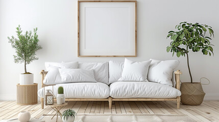 Minimalist living room with white sofa, wooden flooring, and indoor plants.