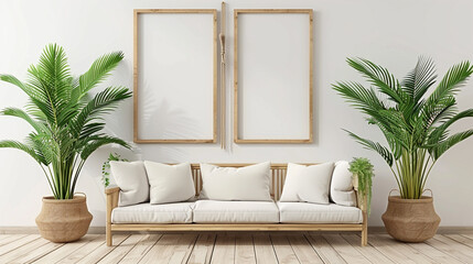 Minimalist living room with white sofa, indoor plants, and wooden flooring.