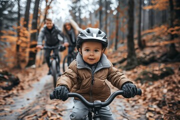 Obraz premium A young boy wearing a safety helmet and riding his bike on the path with family in the background, all smiling at the camera