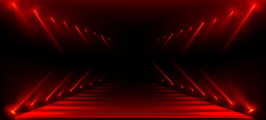 Fashion show runway with red lights on black background. Vector realistic illustration of long podium perspective illuminated with color floodlights, neon lamps glowing in smoke, catwalk design © klyaksun