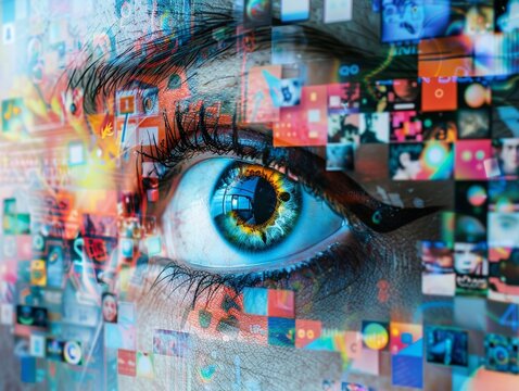 AIgenerated visual content on social media feeds, showing influence on digital marketing, focus on, vibrant, composite, social media platform