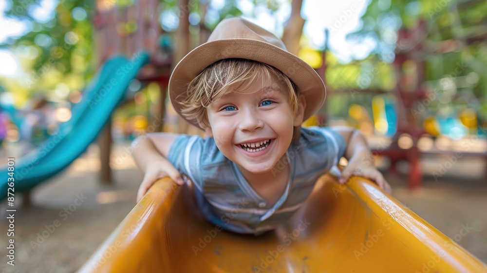 Wall mural happy preschooler boy playing on a slide on the playground in summer. copy space for text.