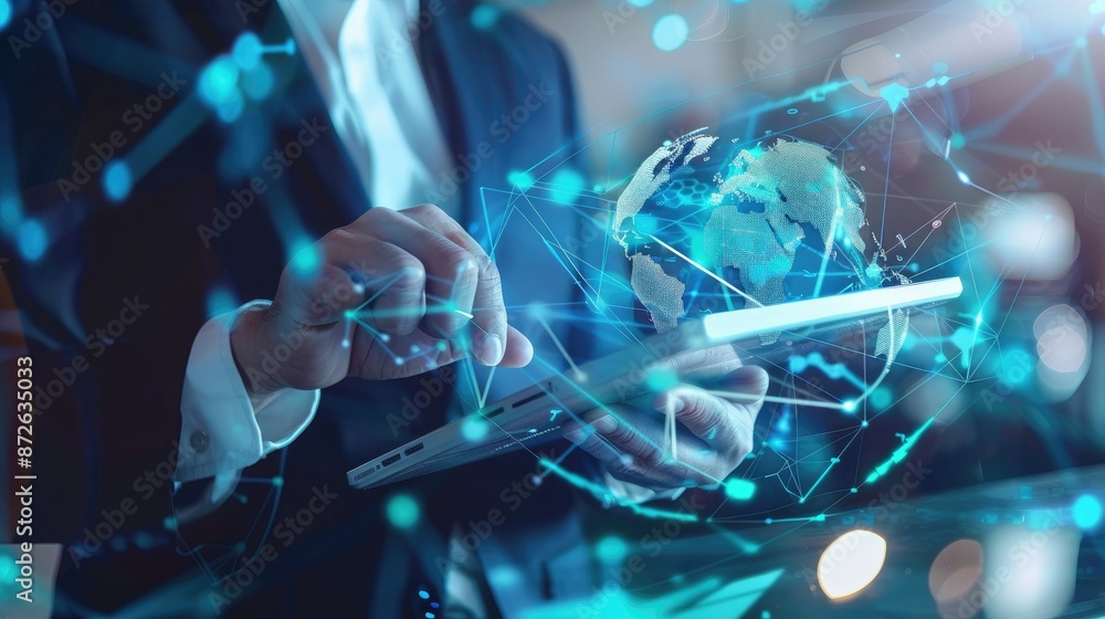 Poster businessman using tablet with global network visualization
