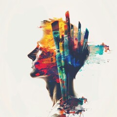 Algorithmic creativity tools close up, focus on, copy space Vivid colors Double exposure silhouette with digital paintbrush