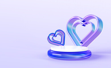 3d blue glass podium display with crystal light hologram neon gradient heart frames on purple background. Love symbol platform, valentine day gift presentation, pedestal render mockup. 3D illustration