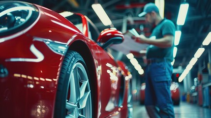 Mechanic show the car checking list for customer with blur his assistant checking red car. Focus on mechanic and customer on the right side. Auto car repair service center.