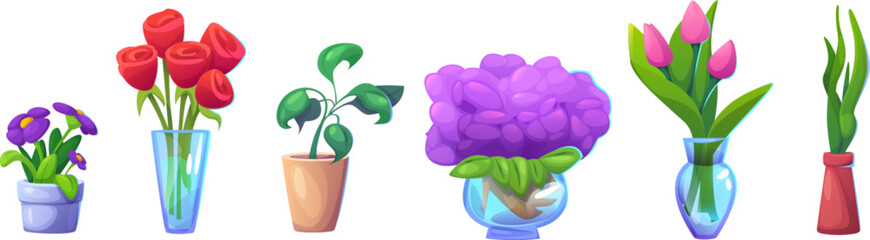 House plants with flower heads in pot and vase. Cartoon vector illustration set of green bushes and bouquets with leaves and blossom. Cute home decorative and holiday congratulation elements.