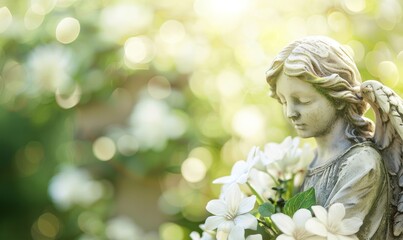 Naklejka premium A cemetery with a statue of an angel standing amidst white flowers, with a blurred light green background. This image gives a sense of peace and remembrance.