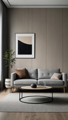 Modern Living Room with a Gray Sofa and a Round Coffee Table