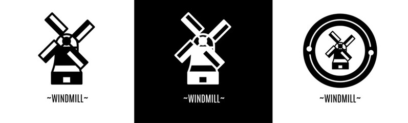 Windmill logo set. Collection of black and white logos. Stock vector.