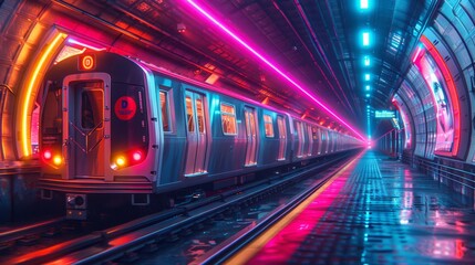 Obraz premium Futuristic Subway Train in Neon-Lit Tunnel - Generative AI
