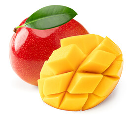 mango with slices and green leaves isolated on white background. clipping path