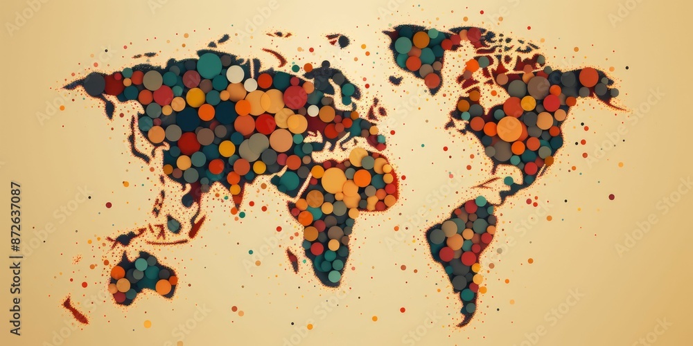 Poster stylized world map composed of multicolored circles on a white background with a modern artistic tou
