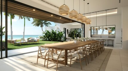 Fototapeta premium A large open living room with a long dining table and chairs. Generate AI