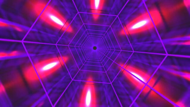 16 seconds of purple rotating central hexagonal tunnel with colorful ambiguous reflections DJ visualizer on black background , HD video 1920 1080