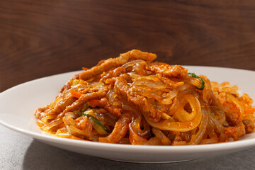 Japchae rice topped with japchae stir-fried in red pepper oil