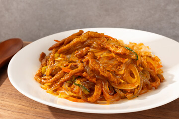 Japchae rice topped with japchae stir-fried in red pepper oil