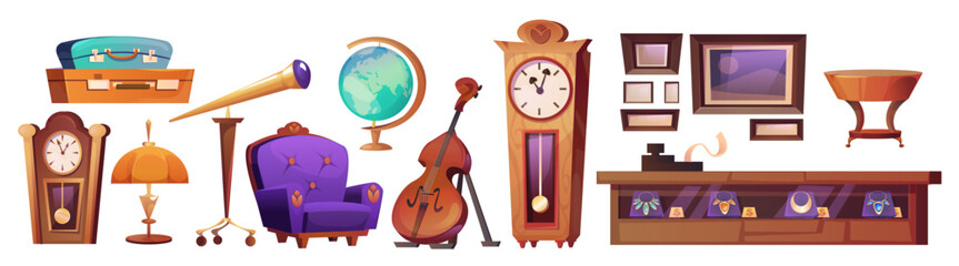 Antique store furniture and elements. Vintage used objects for flea market or pawn shop concept - floor clock and armchair, showcase with jewelry and cash desk, telescope and globe, lamp and suitcase.