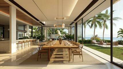 Fototapeta premium A large open living room with a long dining table and chairs. Generate AI