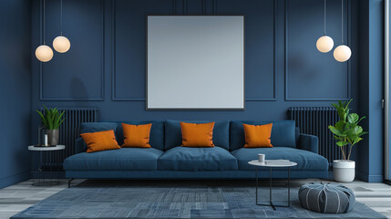 Elegant living room with blue accents, modern furniture, and a grand ambiance.