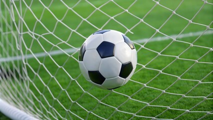Soccer ball hitting the net on a green field, symbolizing a goal achieved in a competitive football match.