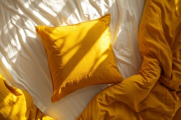 Yellow pillows on a bed in the morning light. Flat lay.