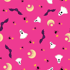 Halloween abstract fun seamless pattern illustration on pink background