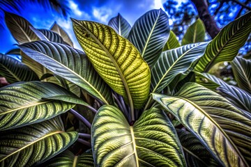 Vibrant tropical leaves captured in high definition, showcasing rich textures and vivid greens under a bright blue sky.
