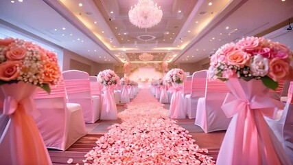 A wedding ceremony setup with white chairs and pink sashes, a pink rose petal aisle, and floral arrangements in pink and white.
