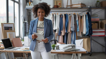 A smiling young entrepreneur holds a tablet in her stylish new clothing boutique, symbolizing the excitement and potential of starting a new business venture.