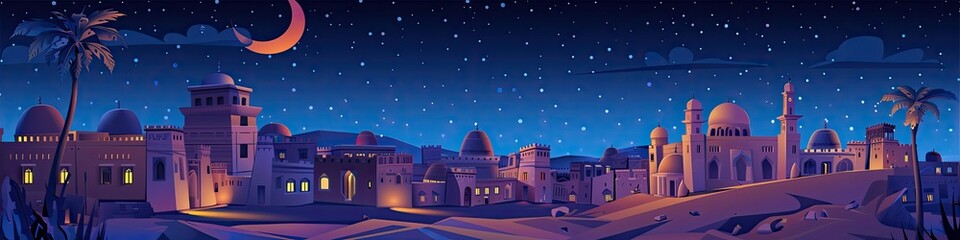 Panoramic night landscape of the ancient Arab city. Cartoon illustration.