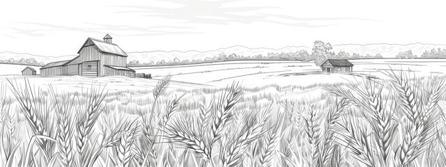 Panoramic view of an agricultural field with wheat in the background and a wooden barn. Sketch illustration.